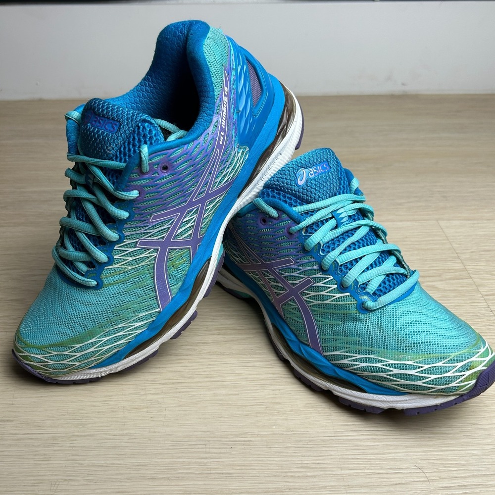 ASICS GEL Nimbus 18 Womens 8.5 Running Shoes Aqua Blue Purple T650N Sneaker